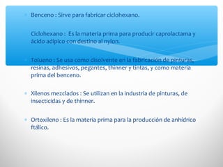 ∗ Benceno : Sirve para fabricar ciclohexano.
∗ Ciclohexano : Es la materia prima para producir caprolactama y
ácido adípico con destino al nylon.
∗ Tolueno : Se usa como disolvente en la fabricación de pinturas,
resinas, adhesivos, pegantes, thinner y tintas, y como materia
prima del benceno.
∗ Xilenos mezclados : Se utilizan en la industria de pinturas, de
insecticidas y de thinner.
∗ Ortoxileno : Es la materia prima para la producción de anhídrico
ftálico.
 