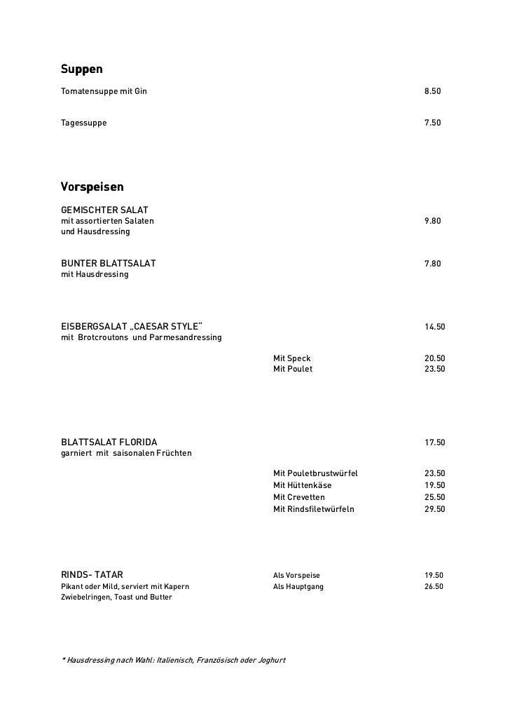 a la carte - Speisekarte (deutsch)