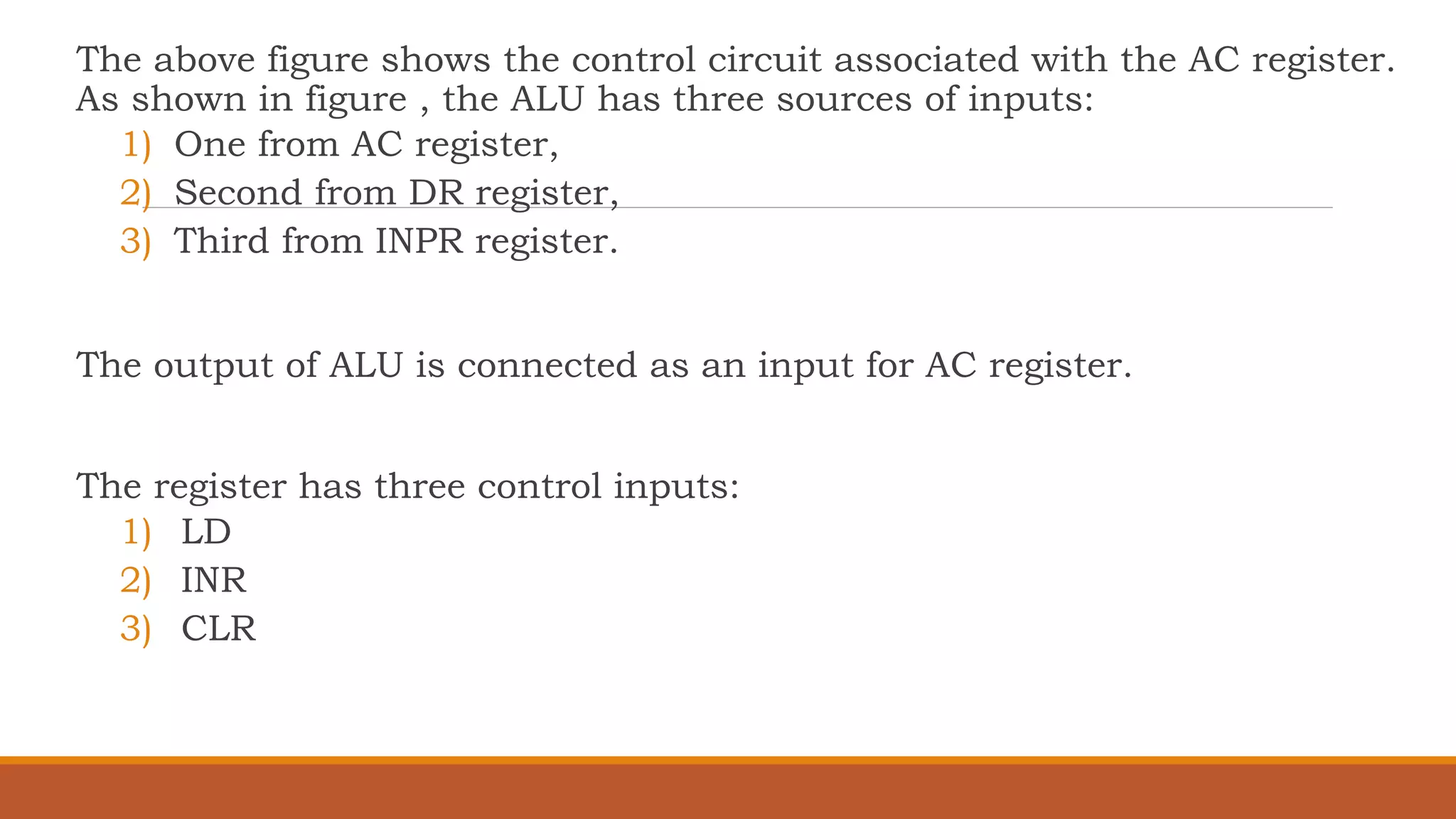 The above figure shows the control circuit associated with the AC register.
As shown in figure , the ALU has three sources of inputs:
1) One from AC register,
2) Second from DR register,
3) Third from INPR register.
The output of ALU is connected as an input for AC register.
The register has three control inputs:
1) LD
2) INR
3) CLR
 