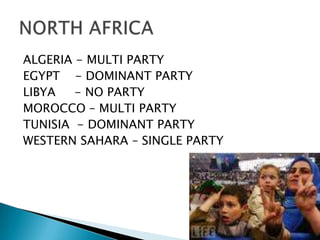 ALGERIA - MULTI PARTYEGYPT    - DOMINANT PARTYLIBYA     - NO PARTYMOROCCO – MULTI PARTYTUNISIA  - DOMINANT PARTYWESTERN SAHARA – SINGLE PARTYNORTH AFRICA