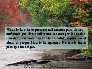 “Cuando la vida te presente mil razones para llorar,
muéstrale que tienes mil y una razones por las cuales
sonreír”. Recuerda: que si te ha dolido alguna vez el
alma, es porque Dios, te he agarrado demasiado fuerte
para que no caigas.
Visita: http://www.RenuevoDePelnitud.com
 