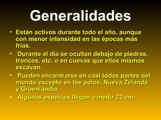 • Están activos durante todo el año, aunqueEstán activos durante todo el año, aunque
con menor intensidad en las épocas máscon menor intensidad en las épocas más
frías.frías.
• Durante el día se ocultan debajo de piedras,Durante el día se ocultan debajo de piedras,
troncos, etc. o en cuevas que ellos mismostroncos, etc. o en cuevas que ellos mismos
excavan.excavan.
• Pueden encontrarse en casi todas partes delPueden encontrarse en casi todas partes del
mundo excepto en los polos, Nueva Zelandamundo excepto en los polos, Nueva Zelanda
y Groenlandia.y Groenlandia.
• Algunas especies llegan a medir 23 cm.Algunas especies llegan a medir 23 cm.
Generalidades
 