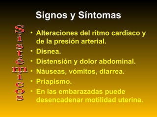 • Alteraciones del ritmo cardiaco y
de la presión arterial.
• Disnea.
• Distensión y dolor abdominal.
• Náuseas, vómitos, diarrea.
• Priapismo.
• En las embarazadas puede
desencadenar motilidad uterina.
Signos y Síntomas
 