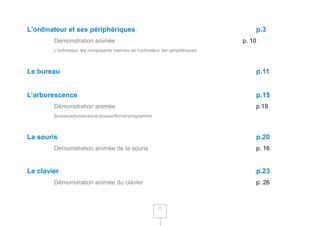 L'ordinateur et ses périphériques                                                      p.3
        Démonstration animée                                                       p. 10
        L'ordinateur, les composants internes de l'ordinateur, les périphériques



Le bureau                                                                              p.11


L’arborescence                                                                         p.15
        Démonstration animée                                                           p.19
        Bureau/arborescence/dossier/fichier/programme



La souris                                                                              p.20
        Démonstration animée de la souris                                              p. 16


Le clavier                                                                             p.23
        Démonstration animée du clavier                                                p. 26



                                                             2
 