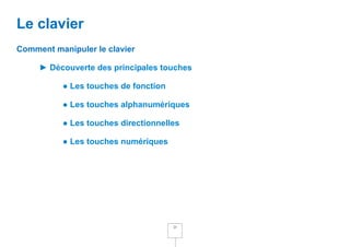 Le clavier
Comment manipuler le clavier

     ► Découverte des principales touches

          ● Les touches de fonction

          ● Les touches alphanumériques

          ● Les touches directionnelles

          ● Les touches numériques




                                      23
 