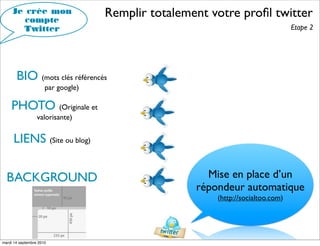 Je crée mon
        compte
                                    Remplir totalement votre proﬁl twitter
       Twitter                                                                   Etape 2




       BIO (mots clés référencés
                      par google)

    PHOTO (Originale et
                  valorisante)


     LIENS (Site ou blog)

  BACKGROUND                                          Mise en place d’un
                                                    répondeur automatique
                                                        (http://socialtoo.com)




mardi 14 septembre 2010
 