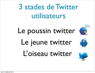 3 stades de Twitter
                              utilisateurs
                          Le poussin twitter
                           Le jeune twitter
                            L’oiseau twitter

mardi 14 septembre 2010
 