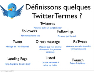 Déﬁnissons quelques
                                 TwitterTermes ?
                                                    Twitteros
                                          Personne ayant un compte Twitter
                            Followers                                 Followings
                           Personne qui nous suit                     Personne que l’on suit

                     Tweet                  Direct message                              ReTweet
         Message de 140 caractères              Message que vous envoyez        tweet que vous réacheminé à
                                                directement à la personne            votre communauté
                                                        concernée


            Landing Page                                Listed
                                                    Liste de personnes à
                                                                                      Twunch
       Fiche descriptive de votre proﬁl                                             Repas de twitteros
                                                      suivre sur twitter

mardi 14 septembre 2010
 