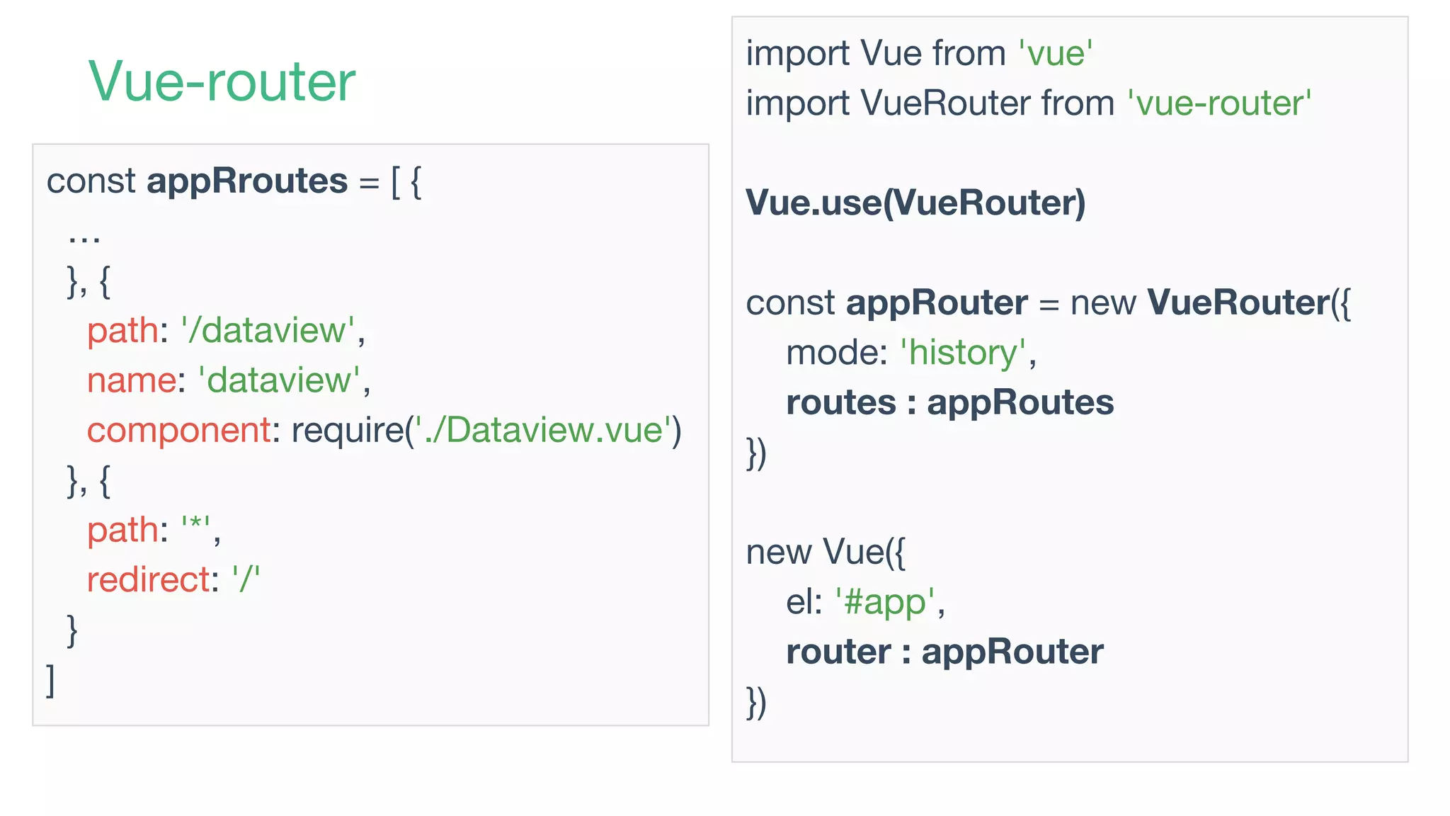 Vue-router
const appRroutes = [ {
…
}, {
path: '/dataview',
name: 'dataview',
component: require('./Dataview.vue')
}, {
path: '*',
redirect: '/'
}
]
import Vue from 'vue'
import VueRouter from 'vue-router'
Vue.use(VueRouter)
const appRouter = new VueRouter({
mode: 'history',
routes : appRoutes
})
new Vue({
el: '#app',
router : appRouter
})
 