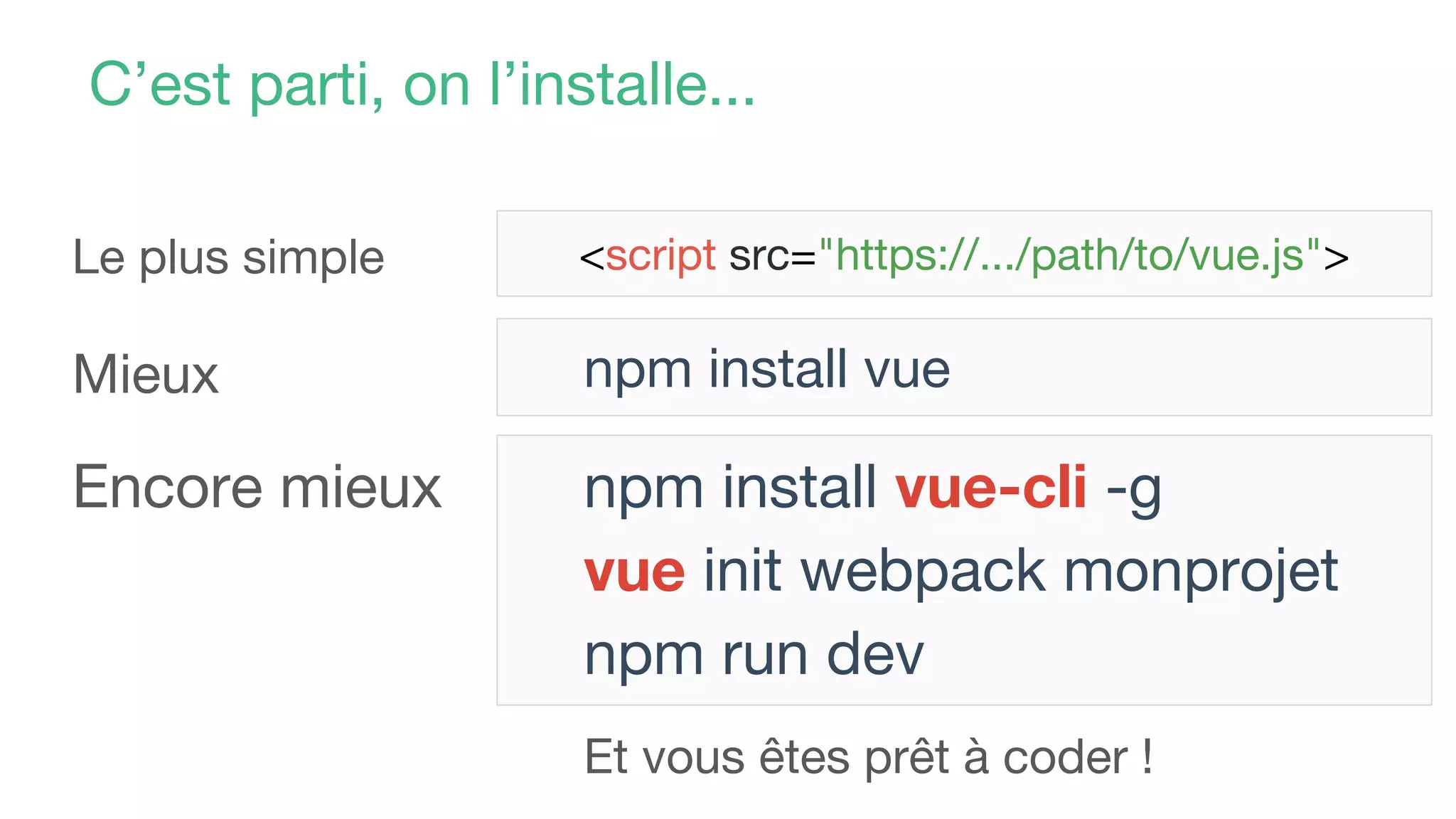 npm install vue-cli -g
vue init webpack monprojet
npm run dev
Et vous êtes prêt à coder !
C’est parti, on l’installe...
<script src="https://.../path/to/vue.js">Le plus simple
Mieux npm install vue
Encore mieux
 