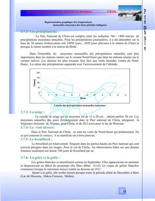 Développement de sport et de tourisme en montagne Chréa
Représentation graphique des températures
mensuelles moyennes des deux périodes indiquées
3.7.2- Les précipitations :
Le Parc National de Chréa est compris entre les isohyètes 760 - 1400 mm/an de
précipitations moyennes annuelles. Pour les précipitations journalières, il a été dénombré sur la
base de 30 années d'observation soit 10958 jours , 2820 jours pluvieux à la station de Chréa et
presque le même nombre à la station de Blida .
Dans l'ensemble, les moyennes mensuelles des précipitations annuelles sont plus
importantes dans les stations situées sur le versant Nord-Ouest que dans les stations situées sur le
versant sud-est .Les stations les plus arrosées font face aux vents humides venant du Nord-
Ouest . La valeur des précipitations augmente avec l'accroissement de l’altitude.
Courbe des précipitations mensuelles moyennes
3.7.3- La neige :
La couche de neige qui en moyenne est de 15 à 20 cm , atteint parfois 50 cm .Les
moyennes annuelles des jours d'enneigement dans le Parc national de Chréa, atteignent la
fréquence moyenne de 26 jours pour Chréa, et de 20,2 jours pour le lac de Mouzaia .
3.7.4- Le vent sirocco:
Dans le Parc National de Chréa, ce sont les vents du Nord-Ouest qui prédominent. En
ce qui concerne le sirocco, il se manifeste un à trois jours/an.
3.7.5- Le brouillard :
Le brouillard est relativement fréquent dans les parties hautes du Parc national qui sont
souvent plongées dans les nuages .Pour le col de Chréa, les observations faites sur une dizaine
d'années seulement ont donné 104 jours de brouillard par an.
3.7.6- La gelée et la grêle :
Les gelées blanches se manifestent surtout en Septembre. Elles apparaissent en automne
et disparaissent au début du printemps (fin Mars début Avril). Le risque de gelées blanches
commence lorsque le minimum moyen tombe au dessous de 10 C°.
Quant à la grêle, elle tombe durant presque toute la période allant de Décembre à Mars
(Lac de Mouzaia, Hakou Feraoun, Médéa).
12
0
50
100
150
200
J F M A M J JT AT S O N D
Mois
 