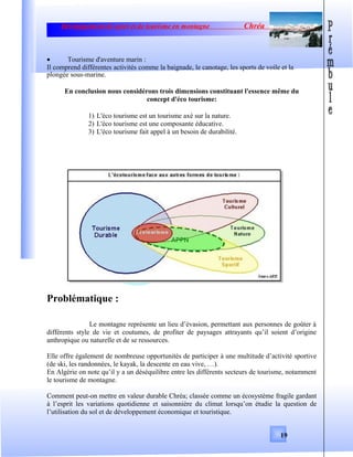 Développement de sport et de tourisme en montagne Chréa
• Tourisme d'aventure marin :
Il comprend différentes activités comme la baignade, le canotage, les sports de voile et la
plongée sous-marine.
En conclusion nous considérons trois dimensions constituant l'essence même du
concept d'éco tourisme:
1) L'éco tourisme est un tourisme axé sur la nature.
2) L'éco tourisme est une composante éducative.
3) L'éco tourisme fait appel à un besoin de durabilité.
Problématique :
Le montagne représente un lieu d’évasion, permettant aux personnes de goûter à
différents style de vie et coutumes, de profiter de paysages attrayants qu’il soient d’origine
anthropique ou naturelle et de se ressources.
Elle offre également de nombreuse opportunités de participer à une multitude d’activité sportive
(de ski, les randonnées, le kayak, la descente en eau vive, …).
En Algérie on note qu’il y a un déséquilibre entre les différents secteurs de tourisme, notamment
le tourisme de montagne.
Comment peut-on mettre en valeur durable Chréa; classée comme un écosystème fragile gardant
à l’esprit les variations quotidienne et saisonnière du climat lorsqu’on étudie la question de
l’utilisation du sol et de développement économique et touristique.
19
 