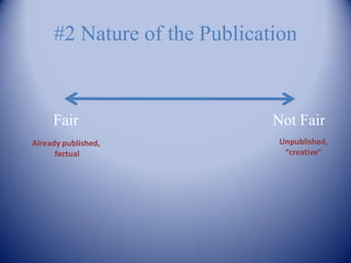 #2 Nature of the Publication


     Fair                     Not Fair
Already published,             Unpublished,
      factual                   “creative”
 
