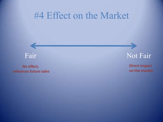 #4 Effect on the Market


      Fair                        Not Fair
     No effect,                       Direct impact
enhances future sales                 on the market
 