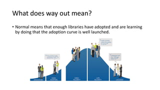 What does way out mean?
• Normal means that enough libraries have adopted and are learning
by doing that the adoption curve is well launched.
 