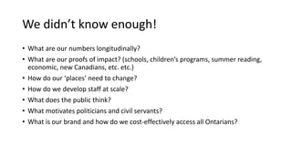 We didn’t know enough!
• What are our numbers longitudinally?
• What are our proofs of impact? (schools, children’s programs, summer reading,
economic, new Canadians, etc. etc.)
• How do our ‘places’ need to change?
• How do we develop staff at scale?
• What does the public think?
• What motivates politicians and civil servants?
• What is our brand and how do we cost-effectively access all Ontarians?
12
 