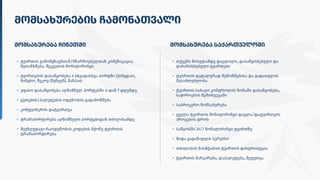 მომსახურებისჩამონათვალი
მომსახურებაჩინეთში მომსახურებასაქართველოში
თქვენსმოსვლამდედაცლილი,დასაწყობებულიდა
დახარისხებულიტვირთებ
ტვირთისდეტალურადშემოწმებისადაგადათვლის
შესაძლებლობ
ტვირთისსაბაჟოკონტროლისზონაშიდასაწყობება,
საჭიროებისშემთხვევაშ
საბროკერომომსახურებ
ყველატვირთისმონიტორინგიდაცლა/დატვირთვის
პროცესისდრო
საწყობში24/7მონიტორინგიტვირთზ
შიდაგადაზიდვისსერვის
თბილისისმასშტაბითტვირთისდისტრიბუცი
ტვირთისმარკირება,დაპალეტება,შეფუთვა
ტვირთისგამომგზავნთან/მწარმოებელთანკომუნიკაცია,
შეთანხმება,შეკვეთისმონიტორინგი.
ტვირთებისდასაწყობება4სხვადასხვაპორტში(ქინგდაო,
ნინგბო,შეკოუ(შენჟენ),შანჰაი
უფასოდასაწყობებააღნიშნულპორტებში4-დან7დღემდე
ყუთების/პალეტებისოდენობისგადამოწმებ
კონტეინერისდატვირთვ
ტრანსპორტირებააღნიშნულიპორტებიდანთბილისამდ
შეუზღუდავირაოდენობისკოდებისმქონეტვირთის
ტრანსპორტირება
 