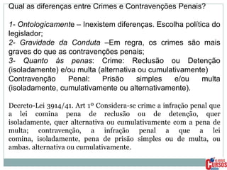 Qual as diferenças entre Crimes e Contravenções Penais?

1- Ontologicamente – Inexistem diferenças. Escolha política do
legislador;
2- Gravidade da Conduta –Em regra, os crimes são mais
graves do que as contravenções penais;
3- Quanto às penas: Crime: Reclusão ou Detenção
(isoladamente) e/ou multa (alternativa ou cumulativamente)
Contravenção
Penal:
Prisão
simples
e/ou
multa
(isoladamente, cumulativamente ou alternativamente).
Decreto-Lei 3914/41. Art 1º Considera-se crime a infração penal que
a lei comina pena de reclusão ou de detenção, quer
isoladamente, quer alternativa ou cumulativamente com a pena de
multa; contravenção, a infração penal a que a lei
comina, isoladamente, pena de prisão simples ou de multa, ou
ambas. alternativa ou cumulativamente.

 