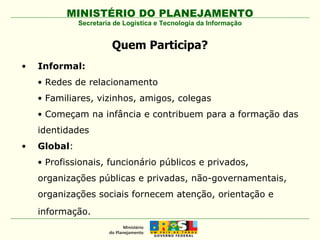Quem Participa? Informal: Redes de relacionamento Familiares, vizinhos, amigos, colegas Começam na infância e contribuem para a formação das identidades  Global : Profissionais, funcionário públicos e privados, organizações públicas e privadas, não-governamentais, organizações sociais fornecem atenção, orientação e informação.   Secretaria de Logística e Tecnologia da Informação 