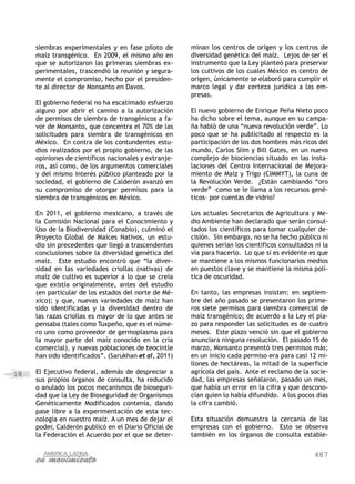 487
18
siembras experimentales y en fase piloto de
maíz transgénico. En 2009, el mismo año en
que se autorizaron las primeras siembras ex-
perimentales, trascendió la reunión y segura-
mente el compromiso, hecho por el presiden-
te al director de Monsanto en Davos.
El gobierno federal no ha escatimado esfuerzo
alguno por abrir el camino a la autorización
de permisos de siembra de transgénicos a fa-
vor de Monsanto, que concentra el 70% de las
solicitudes para siembra de transgénicos en
México. En contra de los contundentes estu-
dios realizados por el propio gobierno, de las
opiniones de científicos nacionales y extranje-
ros, así como, de los argumentos comerciales
y del mismo interés público planteado por la
sociedad, el gobierno de Calderón avanzó en
su compromiso de otorgar permisos para la
siembra de transgénicos en México.
En 2011, el gobierno mexicano, a través de
la Comisión Nacional para el Conocimiento y
Uso de la Biodiversidad (Conabio), culminó el
Proyecto Global de Maíces Nativos, un estu-
dio sin precedentes que llegó a trascendentes
conclusiones sobre la diversidad genética del
maíz. Este estudio encontró que “la diver-
sidad en las variedades criollas (nativas) de
maíz de cultivo es superior a lo que se creía
que existía originalmente, antes del estudio
(en particular de los estados del norte de Mé-
xico); y que, nuevas variedades de maíz han
sido identificadas y la diversidad dentro de
las razas criollas es mayor de lo que antes se
pensaba (tales como Tuxpeño, que es el núme-
ro uno como proveedor de germoplasma para
la mayor parte del maíz conocido en la cría
comercial), y nuevas poblaciones de teocintle
han sido identificados”. (Sarukhan et al, 2011)
El Ejecutivo federal, además de despreciar a
sus propios órganos de consulta, ha reducido
o anulado los pocos mecanismos de bioseguri-
dad que la Ley de Bioseguridad de Organismos
Genéticamente Modificados contenía, dando
pase libre a la experimentación de esta tec-
nología en nuestro maíz. A un mes de dejar el
poder, Calderón publicó en el Diario Oficial de
la Federación el Acuerdo por el que se deter-
minan los centros de origen y los centros de
diversidad genética del maíz. Lejos de ser el
instrumento que la Ley planteó para preservar
los cultivos de los cuales México es centro de
origen, únicamente se elaboró para cumplir el
marco legal y dar certeza jurídica a las em-
presas.
El nuevo gobierno de Enrique Peña Nieto poco
ha dicho sobre el tema, aunque en su campa-
ña habló de una “nueva revolución verde”. Lo
poco que se ha publicitado al respecto es la
participación de los dos hombres más ricos del
mundo, Carlos Slim y Bill Gates, en un nuevo
complejo de biociencias situado en las insta-
laciones del Centro Internacional de Mejora-
miento de Maíz y Trigo (CIMMYT), la cuna de
la Revolución Verde. ¿Están cambiando “oro
verde” –como se le llama a los recursos gené-
ticos– por cuentas de vidrio?
Los actuales Secretarios de Agricultura y Me-
dio Ambiente han declarado que serán consul-
tados los científicos para tomar cualquier de-
cisión. Sin embargo, no se ha hecho público ni
quienes serían los científicos consultados ni la
vía para hacerlo. Lo que sí es evidente es que
se mantiene a los mismos funcionarios medios
en puestos clave y se mantiene la misma polí-
tica de oscuridad.
En tanto, las empresas insisten: en septiem-
bre del año pasado se presentaron los prime-
ros siete permisos para siembra comercial de
maíz transgénico; de acuerdo a la Ley el pla-
zo para responder las solicitudes es de cuatro
meses. Este plazo venció sin que el gobierno
anunciara ninguna resolución. El pasado 15 de
marzo, Monsanto presentó tres permisos más;
en un inicio cada permiso era para casi 12 mi-
llones de hectáreas, la mitad de la superficie
agrícola del país. Ante el reclamo de la socie-
dad, las empresas señalaron, pasado un mes,
que había un error en la cifra y que descono-
cían quien lo había difundido. A los pocos días
la cifra cambió.
Esta situación demuestra la cercanía de las
empresas con el gobierno. Esto se observa
también en los órganos de consulta estable-
 