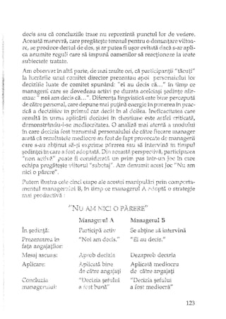 rnanager
decis sau ca concluziile trase nu reprezinta punctul de veaere.
Lt.ceasta ITâ:ln_eVTa, care }lregateste tere11ul pentru o cle11un.tare viitoa-
re; 3e produce destul de des; si ar putea fi usor evitata daca s-ar apli-
ca anurrrite reguli care sa impuna oamenilor sa reactionez:e la toate
st.ltJ.iectele tratate.
!xn. ol)serlat Dt alta pari:e/ de In.ai rnulte ort ca
la lucrarile unui comitet director prezentau apoi
deciziile luate de comitet spunând: 'f ei au decis
r:nanage:rii care se dOTedeau activi pe Cll.lrata aceleiasi sed.inte afir~
mau: /1 noi am decis ca .. "". Difererta Jingv"istica este bin.e
de catre pensonaI, care depune mai putina energie in punerea in prac-
tica a deciziilol"' în prilTItll caz liecc~.tî11al cloilea. Il1eficacitatea care
rez·ulta îrl uy-rna. a:plica.rii deciziei irt cl1e~3tiun.e este
delnOTts'b~â11.cltl·~i~sem.ecliocritatea. O analiza. ITlai atenta Ei. rrlo(tnllli
irl care decizia fost tranf~rrdsEiperso~nalului ete c~itce
aI'B.ta ca rez111tatr21e rn.ediocre alI fost de fapt pr(Jvocate
care s~au alytinut exprÎrYle lJ;~r2rea SEru sa irrtervLrd1
seelin.tei in care Ei rost Din a.ceash3.
fi con.sidc2l'a.t?i 11T!. prilT pas IIl"iJ:'L'lr~ 1:I1csre
ecl1ipa pregateste /1.itorul i.n1 ci'erE1JTlit acest Joc t!.Nl1 am•• '.." ft
IllCI o parere <
IJl1te:trt ilu_stra cele cinc~~etape ale acestei ma11Îr>ulari prirt
rnel1tul nLarlageI'~J.LL1iB, în tim.fi ce IY12iIlagerul i.. o strateg;ie
ll"lai ·orc!Qu.cti'va"
fi r TT 'J" /;]/1k"l , _ pARE}mff
In sedi3:1:ta:
"l' •••.•.. ,'o
t"reZ211tarea. In
rata angajatilor:
Mesaj ascuns:
Apllcare:
COllcluzia
ILLCtnage:rtLiUI:
l,/Lanagr!ruJ A.
FîaIticiF~a 2cti~1
jjJ~oi an~l.d;2Cis."
L~IYCob decizia
P~plicat~ibine
de c~itre artgajati
"Decizia sefului
('[rest bun;'f"
Mauage:ml TI
Se abtine sa intervina
1/ Ei au elecis:"J
'Oezaprob decizia
Aplicate, mediocru
de catre angajati
f/Decizia sefului
a fost 111.ediocra/I
123
 