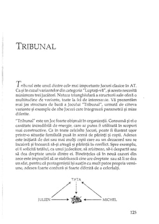 Tp- IBU. 1'"T ALJ.. ,'-._ 1'J.L'-.
Tribunal este unul dintre cele mai importante Jocuri clasice în AT.
Ca siîn cazul variantelor din categoria."Luptati-va", si acesta necesita
minimum trei jucatori. Natura triunghiulara a structurii sale ofera o
multitudine de variante, toate la fel de interesante. Va prezentam
mai jos structura de baza a Jocului "Tribuna1", urmata de câteva
variante si exemple de alte Jocuri care integreaza parameh-ii si rr>ize
diferite.
"Tribunal" este un Joc foarte obisnuit în organizatii. Consuma si el o
cantitate incredibila de energiei care ar putea fi utilizata în scopuri
I'nai constmc1.ive. Ca în toate celelalte Jocurij poate fi ilustrat usor
printr-o situatie ramiliala pusa în scena de parinti si copii. Adesea
este initiata de doi sau mai multi copii care au un dezacord sau se
încaiera si încearca. sa-si atraga si parintii în cont1ict.Spre exemplu,
ei îi solicita tatalui, ca unui judecator, sa ,arbitreze, sa..i desparta sau
sa dea dreptate unuia dintre ei. Bineînteles ca in noua cazuri din
zece este imposibil sa se stabileasca cine are dreptate sau sa li se dea
un sfat, pentru ca protagonistii îsi sustin cu mult patos propria versi-
une, adesea roarte confuza si foarte diferita de a celorlalti.
TATA
/f:'
// : .~
/ ~ ~
JULIEN ~ ~ 4 MICHEL
125
 