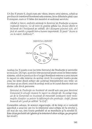 Un Joc X poate fi, dupa cum am vazut! intern unui sistem! adica se
pred uce în interiorul frontierei sale externe; între diferitele parti care
îl compun, cum ar fi între doi membri ai aceluiasi serviciu:
Michel si Henrij amândoi asistenti în Serviciul de Productie se supra-
vegheaziî reciproc. Ca sa intre în gratiile sefului lor! fiecare dintre ei
încearca sa-I încolteasca pe celalalt, sa-i descopere punctul slab, sa-l
f4Ca sa comita o greseala Într-o lucrare importanta, Ei joaciî "Acum te
am la mâna} ticalosulef".
SERVICIUL EXPORT
,.~~dlichell 
~:s,.~)~ @ ®/ Henri_.-/
Acelasi Joc X poate avea loc între Serviciul de Productie si serviciile
învecinate. De rapt, acest Joc interpersonal poate avea loc între meta-
sisteme, adica se produce de-a lungul frontierei externe a unui sistem
L'1 raport cu alte sisteme de acelasi nivel. În exemplul nOSh"l1poate
avea loc între doua echipe ale aceleiasi întreprinderi sau înh<e un
furnizor si un client" exact în acelasi mod ca in cazul descris mai sus
dintre cele doua persoane.
Seruiciul de Productie nu înceteaza sa comita acte care pun Serviciul
Comercial i'n situaj:ii riscante în raport cu clientii sai. tn acelasi timp,
cei de la Comercial nu fnceteazrI SrI transmita conducerii toate recla-
matiile clientilor cu privire la deficientele din productie, Astjel! fiecare
Încearca sa-I puna pe celalalt Ula Colt" ..
Constatam adesea" în aceeasi organizatie" ca în timp ce o varianta
specifica a unui Joc are loc la i....rlteriorulunei echipe de la nivelul I,
cel mai de sus" este foarte probabil sa se manifeste si la nivelul II.
Este chiar probabil sa-I gasim si în interiorul altor echipe! pe propriul
lor nivel 1.
141
 