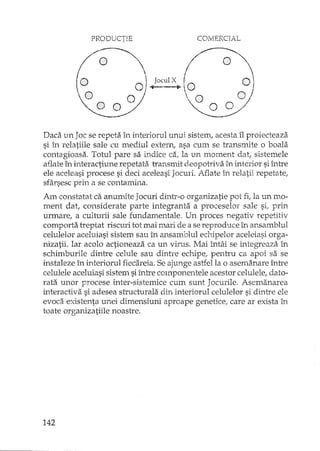 PRODUCTIE COMERCIAL
~~
1@..... 0JoCUIX(0) @ U !-+----...  u
~~ ~
Daca un Joc se repeta în interiorul unui sistem, acesta îl proiecteaza
si în relatiile sale cu mediul extern, asa cum se transmite o boala
contagioasa. Tohll pare sa indice ca, la un moment dat, sistemele
aflate în interactiune repetata transmit deopotriva în interior si între
ele aceleasi procese si deci aceleasi Jocmi. At-'1ateîn relatii repetate,
srâ:rsesc prin a se contamina.
Am constatat ca anumite Jocuri dintr-o organizatie pot fi, la un mo-
ment dat, considerate parte integranta a proceselor sale si, prin
urmare, a culturii sale fundamentale. Un proces negativ repetitiv
comporta treptat riscuri tot mai mari de a se reproduce în ansamblul
celulelor aceluiasi sistem sau în ansamblul ectdpelor aceleiasi orga-
nizatii. Iar acolo actioneaza ca un viT1.1s.Mai întâi se integreaza în
schimburile dintre celule sau dintre echipe, pentru ca apoi sa se
instaleze în interiorul fiecareia. Se ajunge astfel la o asemanare între
celulele aceluiasi sistem si între componentele acestor celulele, dato-
rata unor procese inter-sistemice cum sunt Jocurile. Asemanarea
interactiva si adesea structurala din interiorul celulelor si dintre ele
evoca existenta unei dimensiuni aproape genetice, care ar exista în
toate organizatiile noastre.
142
 