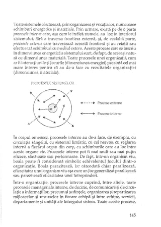Toate sistemele efectueaza, prin organizarea si vOCâtialor, numeroase
schinlburi energetice si materiale, Prin urmare/ exista pe de o parte
procesele inreme care, asa cum le indica numele, au loc în interiorul
sistemului, fara a traversa frontiera externa, si, de cealalta parte,
procesele exteme care traverseaza aceasta frontiera si au relatii sau
efectUE'21Zaschirnouri cu mediul exten1, Aceste procese care se înscriu
în dimensiunea energetica El sistemului sunt, de fapt, de aceeasi natu.-
ra cu dimensiunea materiala, Toate procesele unei organizatii, cum
P;O")"- "'oc~,-'~'l ~:T "o";l"(d',y, ""'0"';' "0-' ') ""~. tV, 1" .ar,l 'J.,.Ler~,C~lu.jll e ,?'JOUJg L , o.lLdenolUIh __<l. ene-'-01e1 p.teLAn.a ce .nEll
mare interes pentru ca au de-a face cu rezultatele organizatiei
(dimensiune a ruateriali?,),
PROCESELE SISTEMELOR
--.--"'" .;"(
~ ",'
"", // ,?r .il< '
" /, ,l'A /" 
1"" K ~ '1
: / j
 ,,1.,1,., ~ ~J
/~' 'o ~"'.t.ftt "'.,
~ -- -- -~ Procese externe
~ Procese interne
În corpul omenesc, procesele interne au de-a face, de exemplUl cu
circulatia sângelui, cu sistemul limfatic, cu cel nervos, cu reglarea
interna a fiecarui organ din corp, cu schimburile care au loc mtre
aceste organe etc, Procesele interne pot fi mai mult sau mai putin
eficace, sanatoase sau performante. De fapt, într-un organism viUl
boala poate fi considerata simbolic echivalentul Jocului dintr-o
organizatie. Boala paraziteaza, iar câteodata chiar paralizeaza,
eficacitatea unui organism viu asa cum u.TlJocgeneralizat paralizeaza
sau paraziteaza eficacitatea unei întreprinderi.
Într-o organizatie, procesele interne cuprind, între altele, toate
procesele manageriale interne, de decizie, de comunicare si de circu-
latie a ip.formatiilor, precum si sedintele, organizarea si repartizarea
mijloacelor si resurselor în fiecare echipa si între echipe, servicii,
departamente si unitati ale întregului sistem, Toate aceste procese,
145
 