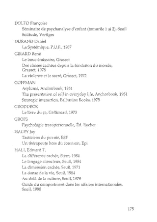 DOL 1'0 Fram;oise
Seminaire de psychanaJyse d' eruant (tomurile 1 si 2), Senil
Solitude, Vertiges
DURAND Daniel
La Sysh?miquel P.U.F'I 1987
GIRARD Rene
Le bonc emissalre, Grasset
Des choses cachees clepuls la fondation du monde,
Grasset" 1978
La violenceet le sacre, Grasset 1972
GCFFMAN
l.}3)11lIrrlS, Arlc110rtJook/ 1961
The presentation or self in everyday life, AncllOrbookl 1951
Strategic interaction, 1~al1arrdn,eBooks, 1975
GRODDECK
-Le llvTe d.u r;8.; (~8JliInar(1.'1973
GROFS
Fsychologie rrarls~perSOl1Ylelle, Ed" I{octter
H.ALEY Jay
T'acticien.s du I)tt"voir, ESF
TJn t~..erapellte hors d~lCOD~~mllIn,Epi
I-il.;.IJ.J Ed_vard T-.
La diff{~rerlce cacIH?e; Stern; 1984
Le lat1gage silertcieux/ Seuil, 1984
I...;aclirrlerlsloll. cacl'lee/ SetliL 197'1
La dame de la vie, SeniL 1984
Au-delâ de la culture, Seu il, 1979
Guide du compOrh1:1ent dans les affaiyes internationales,
Senil,. 1990
17~''J
 