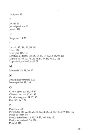 Iubiti-va 92
J
Jocuri 14
Jocuri pozitive 16
Josnic 117
K
Karpman 19,22
1.
La colt 43, 44, 46,58,141
Lista 114
Liturghii 115, 165
Lovihlra de teatru 33,38,40,44,49; 50, 54--58, 93, 115
Luptati-va 69.' 73, 74, 79, 83, 84, 87, 89, 90, 91, 125
Luptati-va, subordonati! 79
:M
Momeala 33,. 38, 39, 62
N
Nu am nici o parere 122
Nu ne parasi 89, 134
o
o sa te spun eu! 84,85,87
Obiectiv ascuns 30, 42, 45
Or sa ma regrete 84, 87, 90
Ore diferite 121
p
Pasivitate 49
Persecutar 20,22,25,26" 38, 42/ 54, 58, 64/ 85, 106, 119, 160, 162
Picior de lemn 56
Pozitia inferioara 23/49, 75, 87, 107, 119, 120
Pozitia superioara 24, 120
Prostul 115
181
 