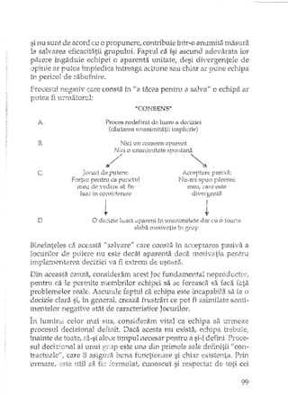 si nu sunt de acord cu o propunere, contribuie Îllrr-o anumita masura
la salvarea eficacitatii grupului. Faptul ca îsi ascund lor
parere îngaduie echipei o aparenta unitate, desi divergentele de
opirde ar putea impiedica lrltreaga actiune sau chiar ar pune
în pericol de rabufnire.
Procesul negativ care consta ÎT! li a tacea pentru a salva" o
ptltea fi l.Irrnatoyul:
"CONSENS"
ar
A
"Q
.CI.
Proces nedefinit de luare a deciziei
(cautaxea unanimitatii implicite)
Nici un consens ap?..rent
Nici o unanimitate spontana
c. Jocuri d~~pute.re:
Fortez pentru ca punctul
meu ele vedere sE.fie
luat in consider8J:"e
I
~
P1.cceptare
[ •.T U - TIli sp urt
rnea, care este
div81'genta.
I
~
D. o decizie luat9~dpal'ent în unanin1itate deu' cu o foarh:~
slaba Hlotivatie în grup
Bineînteles ca aceasta If saIvarefl care consta în aC)02"!=)t'lre,J. pasi va a
Jocurilor de putere nu este decât aparenta dad, motivatia
lT[l};lerrH?rrtarea deciziei va fi extrem de llsOi;tra.
Din aceasta cauza, considerarn acest Joc fundamental neproducti'l,
pentru ca le permite D:'lembrilor echipei sa se fereasca sa faca
problemelor reale, Ascunde faptul ca echipa este incapabila sa ia o
decizie clara si, Ll1 general, creaza frustrari ce pot fi asimilate senti-
mentelor negative atât de caracteristice Jocurilor.
AI'~11 ; C,o ~,,1,' ""~ 'r1 ,.v ,;t~l ,,1' ~" ,'""c, ,.c ~L> _UlrLd,c,L~~O]lnâl bec,,,,; cons~;_.e~am ;;r~cu ca e~nlpa "',"c .u{nez,=
procesul decizionaI definit. Daca acesta nu exista, echipa
înainte de toate, :::il-sial.xe timpul :i12CeSar pentru a si-l definL Proce-
sul decizionaI al unui grup este una din primele sale definitii
tractuale", care îi asig1Jâibuna functionare si chiar existenta. Prin
urmare, ('s!e util sa fk formulat, cunoscut si respectat de toti cei
99
 