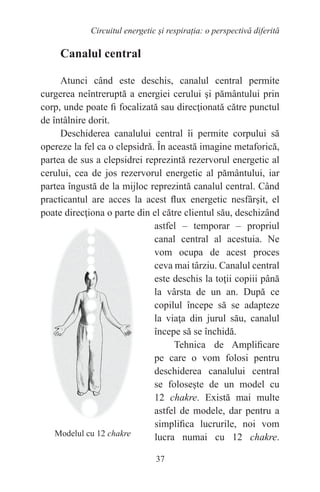 37
Circuitul energetic și respirația: o perspectivă diferită
Canalul central
Atunci când este deschis, canalul central permite
curgerea neîntreruptă a energiei cerului şi pământului prin
corp, unde poate fi focalizată sau direcţionată către punctul
de întâlnire dorit.
Deschiderea canalului central îi permite corpului să
opereze la fel ca o clepsidră. În această imagine metaforică,
partea de sus a clepsidrei reprezintă rezervorul energetic al
cerului, cea de jos rezervorul energetic al pământului, iar
partea îngustă de la mijloc reprezintă canalul central. Când
practicantul are acces la acest flux energetic nesfârşit, el
poate direcţiona o parte din el către clientul său, deschizând
astfel – temporar – propriul
canal central al acestuia. Ne
vom ocupa de acest proces
ceva mai târziu. Canalul central
este deschis la toţii copiii până
la vârsta de un an. După ce
copilul începe să se adapteze
la viaţa din jurul său, canalul
începe să se închidă.
Tehnica de Amplificare
pe care o vom folosi pentru
deschiderea canalului central
se foloseşte de un model cu
12 chakre. Există mai multe
astfel de modele, dar pentru a
simplifica lucrurile, noi vom
lucra numai cu 12 chakre.
Modelul cu 12 chakre
 