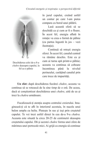 41
Circuitul energetic și respirația: o perspectivă diferită
în jurul capului, creând astfel
un contur pe care l-am putea
compara cu borul unei pălării.
Lasă această sferă să se
deschidă ca şi cum ar fi o floare.
În acest fel, energia aflată în
rotaţie va crea o formă de pâlnie
(cu partea îngustă în jos – vezi
ilustraţia).
Continuă să roteşti energia
sferei. În acest fel, canalul central
va rămâne deschis. Este ca şi
cum ai turna apă printr-o pâlnie;
aceasta va continua să coboare
încontinuu până la nivelul
perineului, curăţând canalul prin
care trece de impurităţi.
Un sfat: după deschiderea fiecărei chakre, aceasta va
continua să se rotească de la sine timp de o oră. De aceea,
dacă ai conştientizat deschiderea unei chakre, uită de ea şi
treci la chakra următoare.
Focalizează-ţi atenţia asupra centrului creierului. Ima-
ginează-ţi că te afli în interiorul acestuia, în nacela unui
balon umplu cu heliu. Pluteşte în sus şi ieşi prin creştetul
capului. Te vei trezi astfel direct în cea de-a 9-a chakra.
Aceasta este situată la circa 20-25 de centimetri deasupra
creştetului capului. Dă şi acestei chakre forma unei sfere de
mărimea unei portocale mici. Ai grijă ca energia să continue
Deschiderea celei de-a 8-a
chakre deasupra capului, la
fel ca o pâlnie
 
