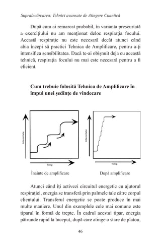 46
Supraîncărcarea: Tehnici avansate de Atingere Cuantică
După cum ai remarcat probabil, în varianta prescurtată
a exerciţiului nu am menţionat deloc respiraţia focului.
Această respiraţie nu este necesară decât atunci când
abia începi să practici Tehnica de Amplificare, pentru a-ţi
intensifica sensibilitatea. Dacă te-ai obişnuit deja cu această
tehnică, respiraţia focului nu mai este necesară pentru a fi
eficient.
Cum trebuie folosită Tehnica de Amplificare în
impul unei şedinţe de vindecare
Atunci când îţi activezi circuitul energetic cu ajutorul
respiraţiei, energia se transferă prin palmele tale către corpul
clientului. Transferul energetic se poate produce în mai
multe maniere. Unul din exemplele cele mai comune este
tiparul în formă de trepte. În cadrul acestui tipar, energia
pătrunde rapid la început, după care atinge o stare de platou,
Înainte de amplificare		 După amplificare
 