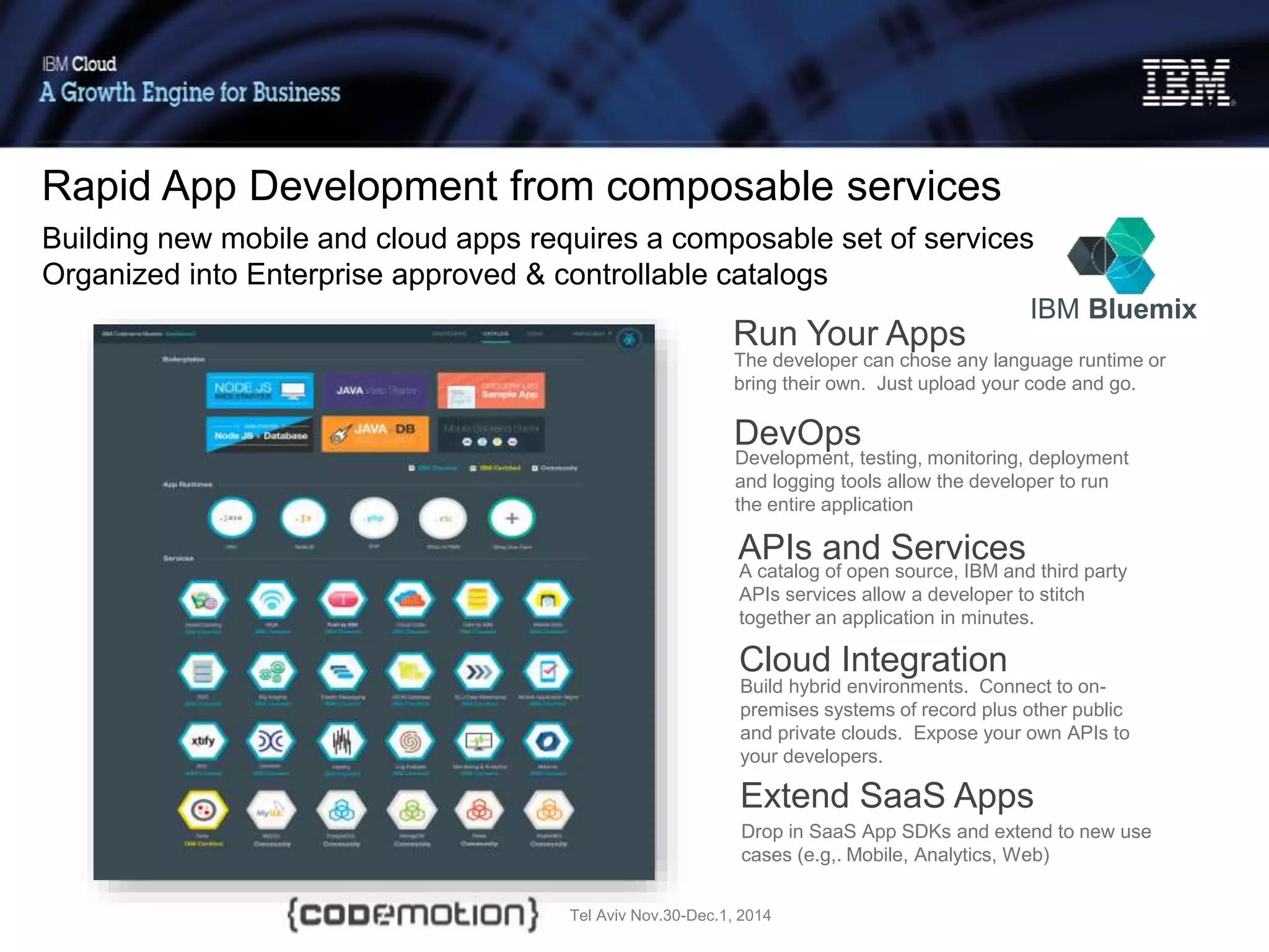 Tel Aviv Nov.30-Dec.1, 2014
Run Your Apps
The developer can chose any language runtime or
bring their own. Just upload your code and go.
DevOps
Development, testing, monitoring, deployment
and logging tools allow the developer to run
the entire application
APIs and Services
A catalog of open source, IBM and third party
APIs services allow a developer to stitch
together an application in minutes.
Cloud Integration
Build hybrid environments. Connect to on-
premises systems of record plus other public
and private clouds. Expose your own APIs to
your developers.
Extend SaaS Apps
Drop in SaaS App SDKs and extend to new use
cases (e.g,. Mobile, Analytics, Web)
IBM Bluemix
Building new mobile and cloud apps requires a composable set of services
Organized into Enterprise approved & controllable catalogs
Rapid App Development from composable services
 