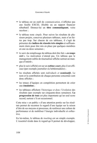 COACHING D’ÉQUIPE
108
©
Éditions
d’Organisation
➡ le tableau est un outil de communication, n’affichez pas
une feuille EXCEL illisible ou un rapport financier
rébarbatif. Donnez-lui un titre communiquant, voire
racoleur ;
➡ le tableau reste simple. Pour suivre les résultats de plu-
sieurs projets, concevez plusieurs tableaux, mais n’en fai-
tes pas trop. Sur chacun de ces tableaux, il s’agit de
présenter des indices de réussite très simples et suffisam-
ment clairs pour être mis en place par quelques membres
en une ou deux semaines ;
➡ le suivi du remplissage du tableau doit être fait « en temps
réel ». La motivation n’attend pas. Un tableau que le
management oublie de réactualiser affiche surtout un man-
que d’intérêt ;
➡ plus le suivi affiché est sur un rythme court, plus il est effi-
cace (par exemple journalier ou hebdomadaire) ;
➡ les résultats affichés sont individuels et nominatifs. Le
nom et la contribution de chaque personne concernée sont
donc affichés ;
➡ les totaux d’équipes en compétition permettent de créer
une émulation ;
➡ les tableaux affichent l’historique et donc l’évolution des
résultats (par exemple sur cinquante-deux semaines). La
progression de tous est plus importante qu’un seul score
record, surtout s’il est occasionnel.
Cette mise « en public » d’une attention portée sur les résul-
tats permet de recentrer le regard d’une équipe sur la raison
d’être de ses moyens et processus, de renforcer une culture de
performance et de mobiliser l’énergie individuelle et collec-
tive.
En lui-même, le tableau de tracking est un simple exemple.
L’essentiel réside dans le regard qu’il permet de développer,
 