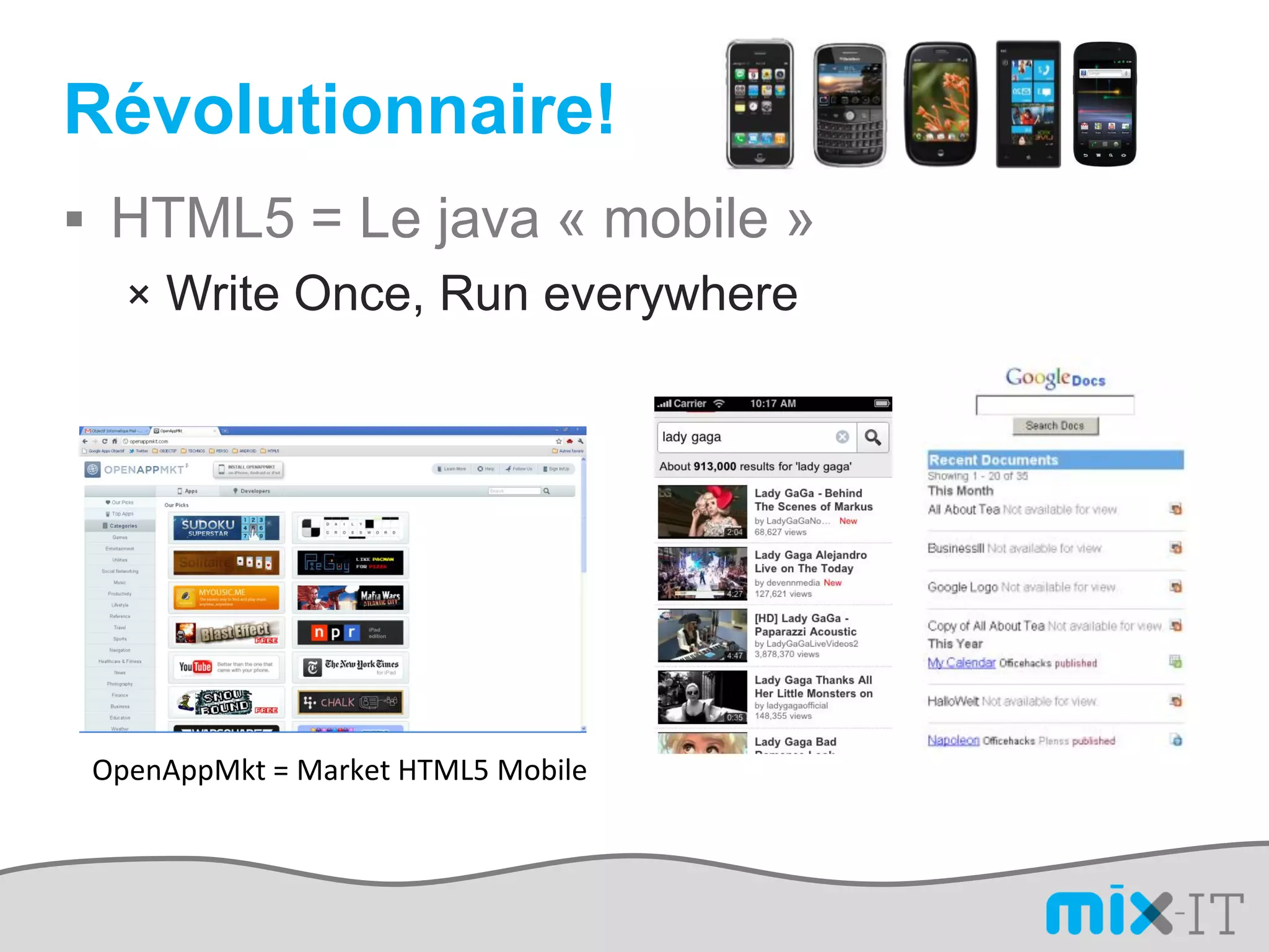 Révolutionnaire!
 HTML5 = Le java « mobile »
  × Write Once, Run everywhere




 OpenAppMkt = Market HTML5 Mobile
 