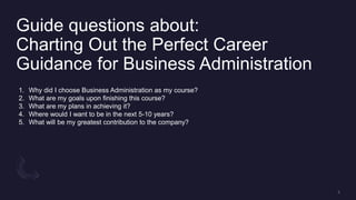 Guide questions about:
Charting Out the Perfect Career
Guidance for Business Administration
1. Why did I choose Business Administration as my course?
2. What are my goals upon finishing this course?
3. What are my plans in achieving it?
4. Where would I want to be in the next 5-10 years?
5. What will be my greatest contribution to the company?
 