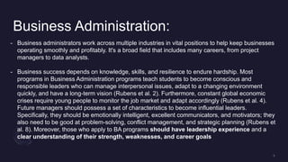 Business Administration:
- Business administrators work across multiple industries in vital positions to help keep businesses
operating smoothly and profitably. It's a broad field that includes many careers, from project
managers to data analysts.
- Business success depends on knowledge, skills, and resilience to endure hardship. Most
programs in Business Administration programs teach students to become conscious and
responsible leaders who can manage interpersonal issues, adapt to a changing environment
quickly, and have a long-term vision (Rubens et al. 2). Furthermore, constant global economic
crises require young people to monitor the job market and adapt accordingly (Rubens et al. 4).
Future managers should possess a set of characteristics to become influential leaders.
Specifically, they should be emotionally intelligent, excellent communicators, and motivators; they
also need to be good at problem-solving, conflict management, and strategic planning (Rubens et
al. 8). Moreover, those who apply to BA programs should have leadership experience and a
clear understanding of their strength, weaknesses, and career goals
 