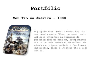 Portfólio
Meu Tio na América - 1980


          O próprio Prof. Henri Laborit explica
          sua teoria neste filme, de como o meio
          ambiente interfere na formação da
          personalidade de cada um, acompanhando
          a vida de dois homens e uma mulher, de
          cidades e origens sociais e familiares
          diferentes, desde a infância até a vida
          adulta.
 
