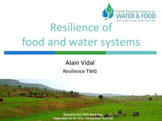 Resilience of
food and water systems
             Alain Vidal
           Resilience TWG




           Global Drivers TWG Workshop
     September 12-14, 2011, Chiang Mai, Thailand
 
