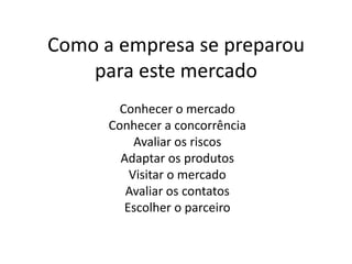 Como a empresa se preparou
para este mercado
Conhecer o mercado
Conhecer a concorrência
Avaliar os riscos
Adaptar os produtos
Visitar o mercado
Avaliar os contatos
Escolher o parceiro