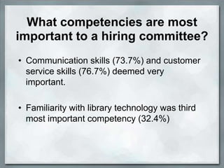 What competencies are most
important to a hiring committee?
• Communication skills (73.7%) and customer
  service skills (76.7%) deemed very
  important.

• Familiarity with library technology was third
  most important competency (32.4%)
 