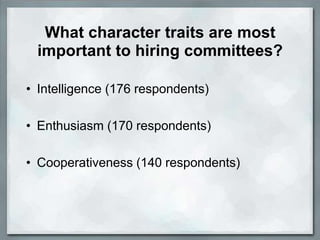 What character traits are most
 important to hiring committees?

• Intelligence (176 respondents)

• Enthusiasm (170 respondents)

• Cooperativeness (140 respondents)
 