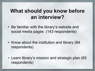 What should you know before
        an interview?
• Be familiar with the library’s website and
  social media pages (143 respondents)

• Know about the institution and library (84
  respondents)

• Learn library’s mission and strategic plan (65
  respondents)
 