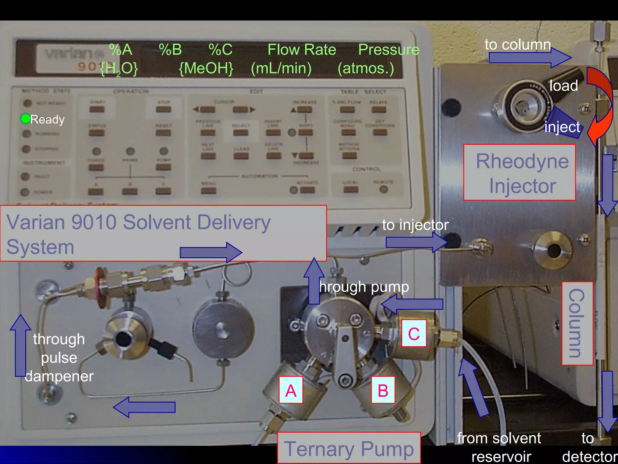 Varian 9010 Solvent Delivery
System
Rheodyne
Injector
%A %B %C Flow Rate Pressure
{H2O} {MeOH} (mL/min) (atmos.)
Ready
Ternary Pump
A
C
B
from solvent
reservoir
Column
to
detector
to column
through
pulse
dampener
to injector
through pump
load
inject
 