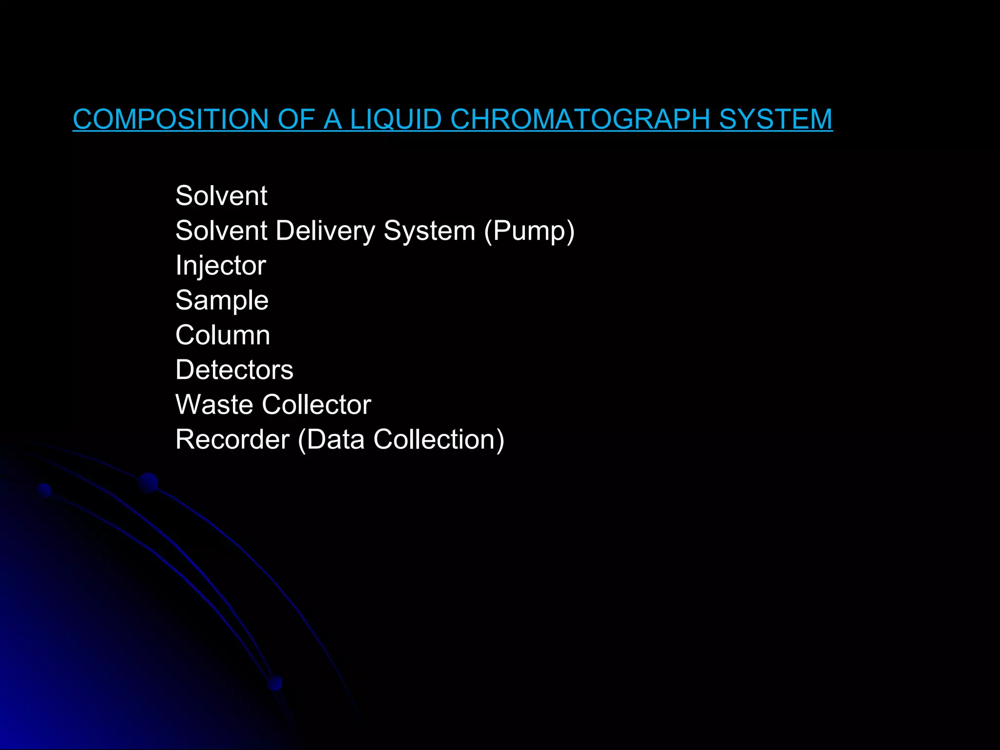 COMPOSITION OF A LIQUID CHROMATOGRAPH SYSTEMCOMPOSITION OF A LIQUID CHROMATOGRAPH SYSTEM
SolventSolvent
Solvent Delivery System (Pump)Solvent Delivery System (Pump)
InjectorInjector
SampleSample
ColumnColumn
DetectorsDetectors
Waste CollectorWaste Collector
Recorder (Data Collection)Recorder (Data Collection)
 
