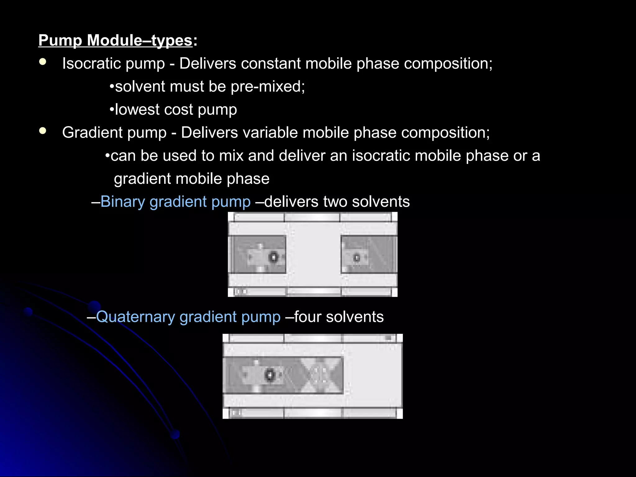 Pump Module–typesPump Module–types::
 Isocratic pump - Delivers constant mobile phase composition;Isocratic pump - Delivers constant mobile phase composition;
••solvent must be pre-mixed;solvent must be pre-mixed;
••lowest cost pumplowest cost pump
 Gradient pump - Delivers variable mobile phase composition;Gradient pump - Delivers variable mobile phase composition;
••can be used to mix and deliver an isocratic mobile phase or acan be used to mix and deliver an isocratic mobile phase or a
gradient mobile phasegradient mobile phase
––Binary gradient pumpBinary gradient pump –delivers two solvents–delivers two solvents
––Quaternary gradient pumpQuaternary gradient pump –four solvents–four solvents
 