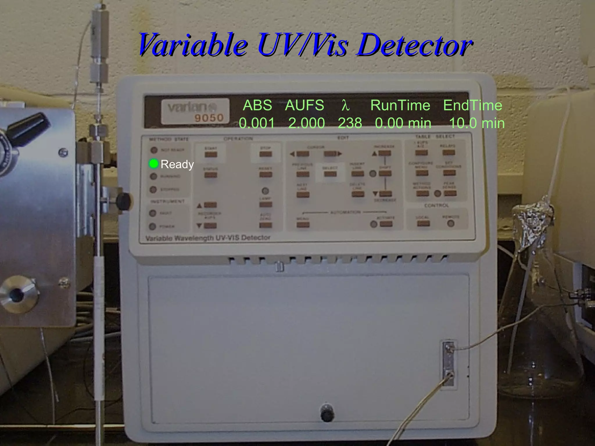 Variable UV/Vis DetectorVariable UV/Vis Detector
ABS AUFS λ RunTime EndTime
0.001 2.000 238 0.00 min 10.0 min
Ready
 